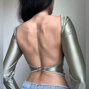 Tiger Mist Satin-Look Open-Back Going Out Top in Light Sage XXS